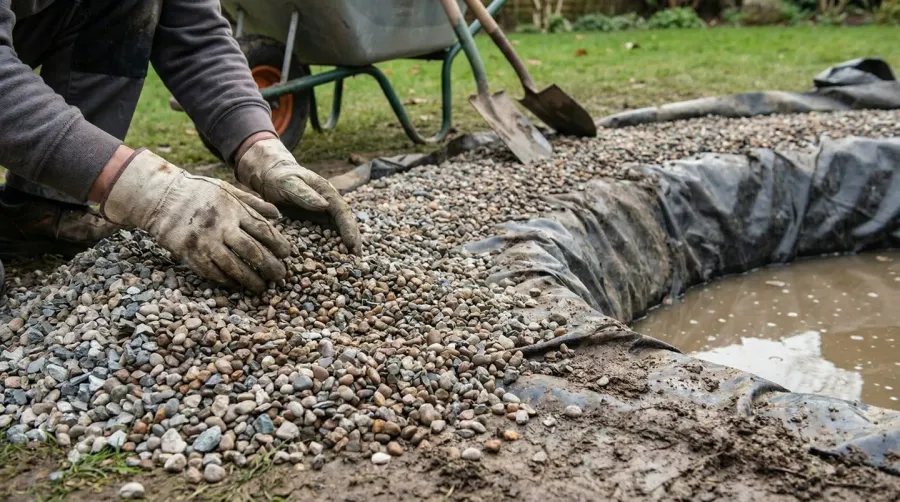 Hands spreading aggregate around pond edge installation process