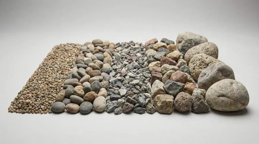 Comparison of different gravel sizes side by side showing various crushed stone dimensions