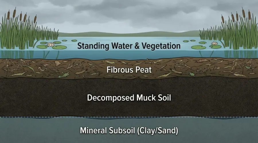 Cross section showing muck soil formation layers in wetland environment