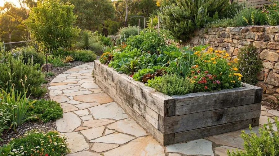Raised garden bed with paver path and polymeric sand joints