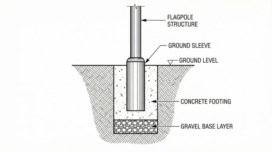 Cross-section diagram of flagpole installation showing gravel base layer, concrete footing, ground sleeve, and flagpole structure