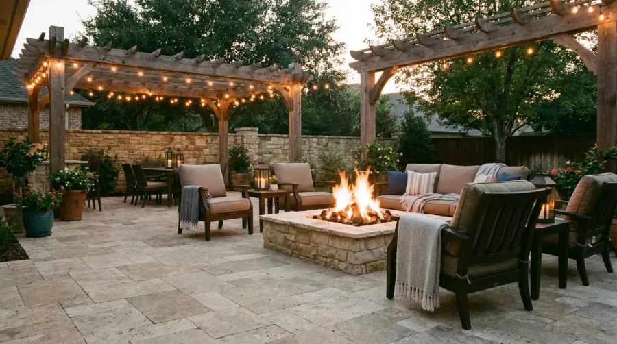 Beautiful outdoor patio with travertine stone flooring and fire pit with evening flames