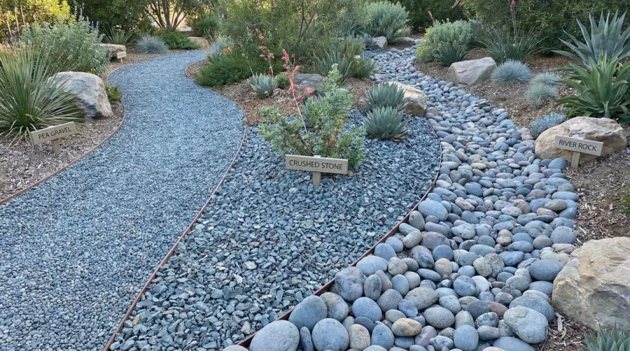 Comparison of three types of blue gray gravel in landscape setting