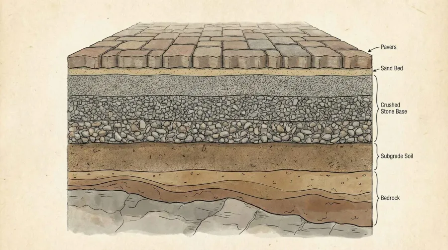 Cross section showing different stone sizes in paver base layers