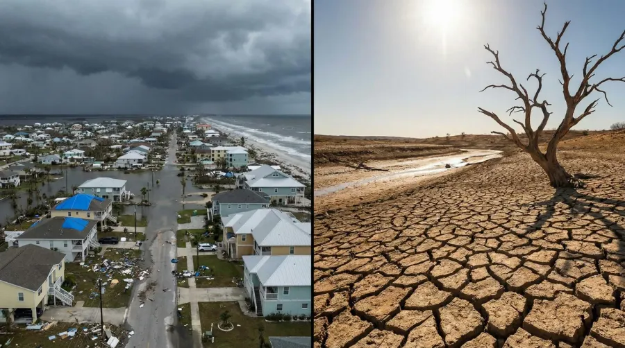 Split image showing hurricane damage on left and drought-cracked ground on right