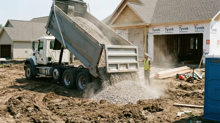 Gravel delivery truck unloading materials at a residential construction site