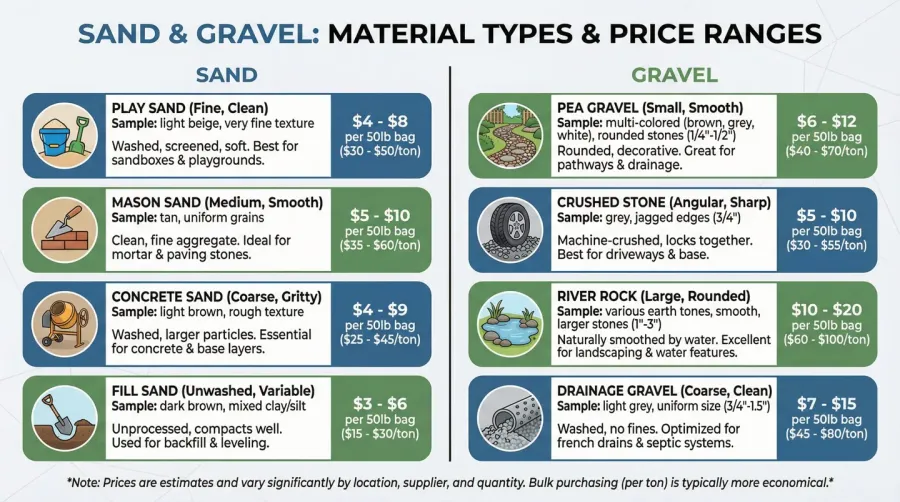 Price comparison chart showing different sand and gravel types with costs