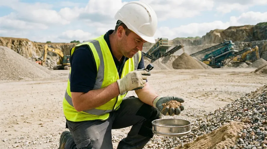 construction worker examining sand and gravel materials at a quarry site with pricing charts in background