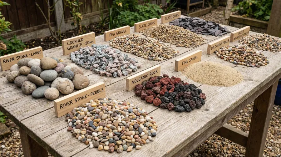 comparison of different gravel types laid out showing crushed stone, pea gravel, and river rock