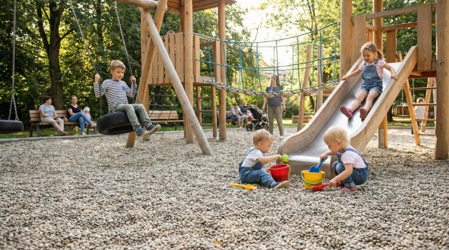 Playground with pea gravel surface showing children playing safely