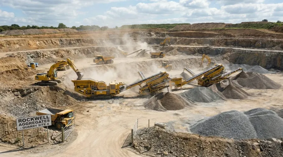 Gravel quarry production site with machinery and equipment processing stones