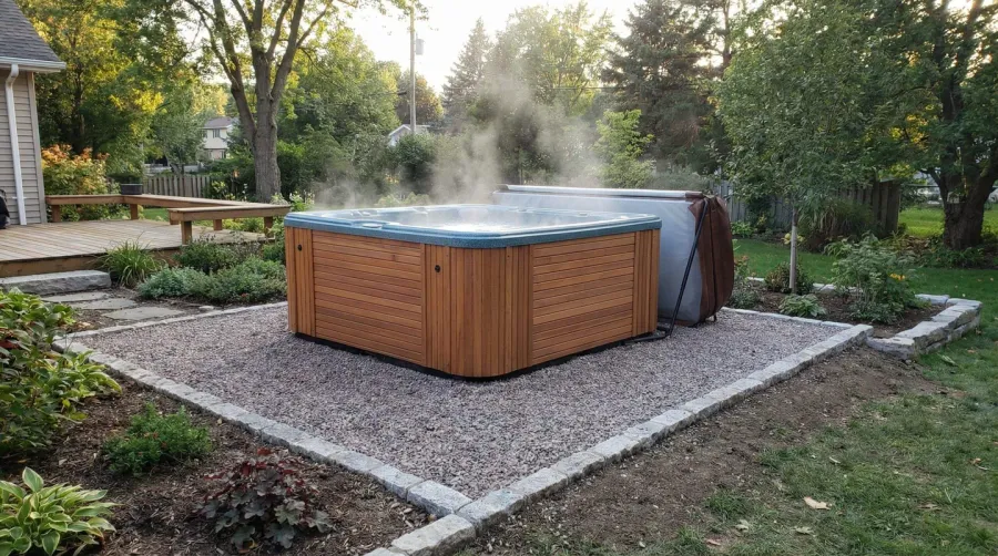 Hot tub installed on gravel base in backyard setting