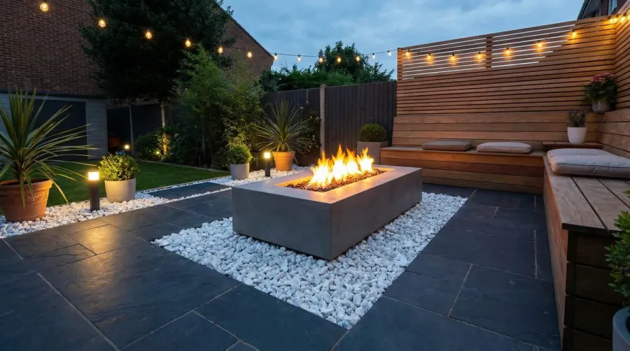 Modern backyard fire pit with white marble chips surrounding area with evening lighting