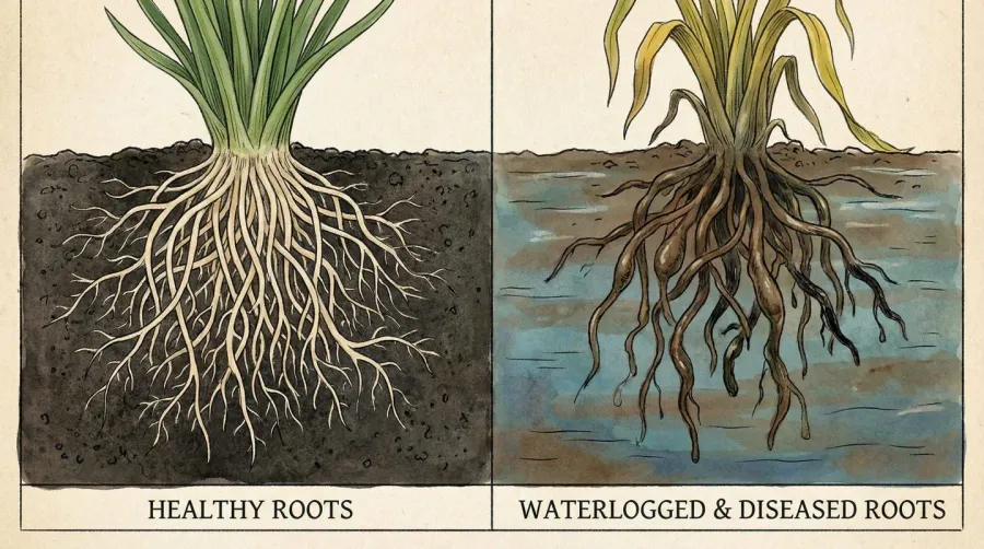 comparison healthy vs waterlogged plant roots