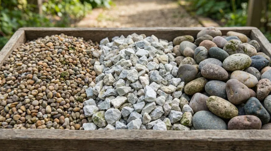 Comparison of different gravel types: pea gravel, crushed limestone, and river rock