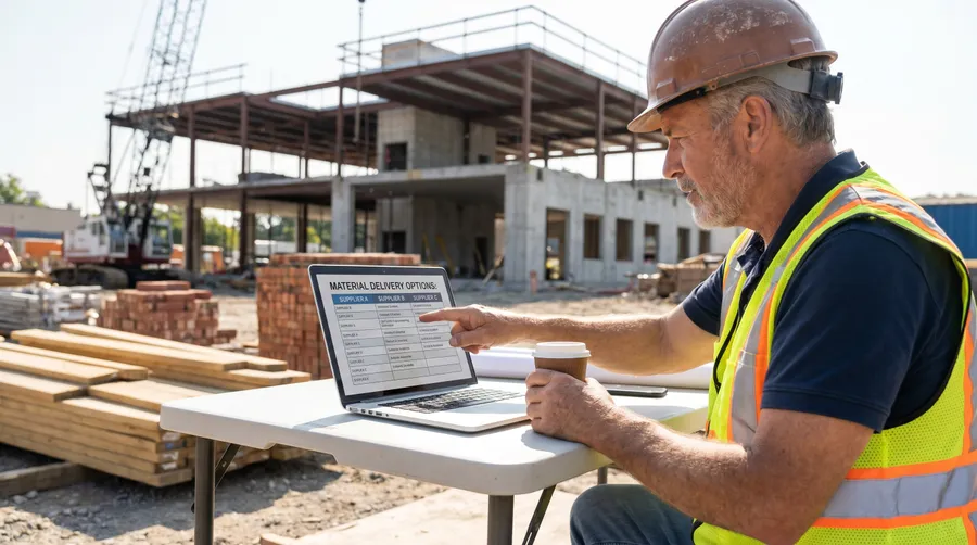 contractor reviewing material delivery options on laptop with construction site in background