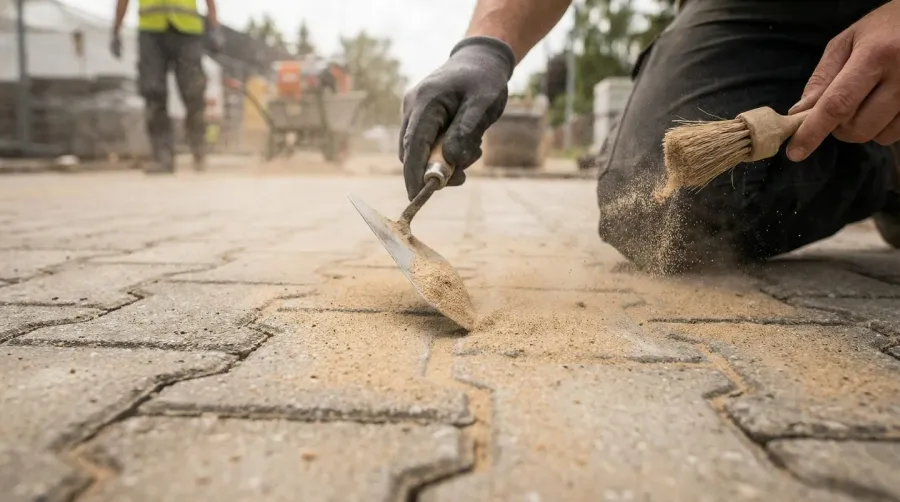 Polymeric sand installation between pavers close up