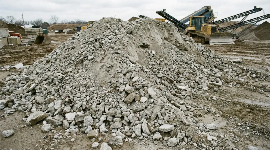 Crushed concrete pile at construction site