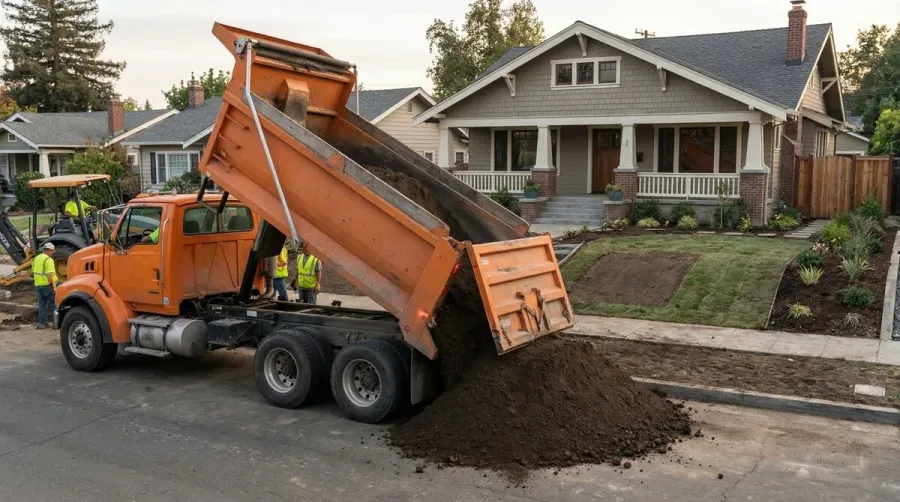 Dump truck delivering bulk fill dirt to residential property