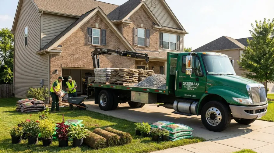 Truck delivering river rock to residential property showing scale