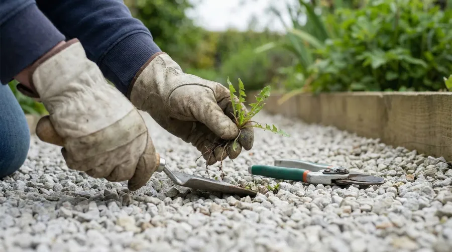 Hands removing small weed from clean gravel surface