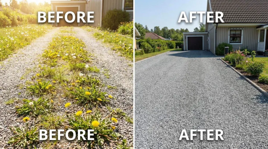 Before and after comparison of gravel driveway weed treatment