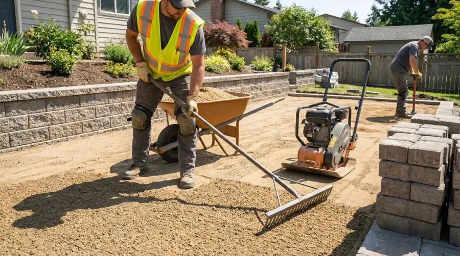 Professional landscaper installing paver base sand with proper tools
