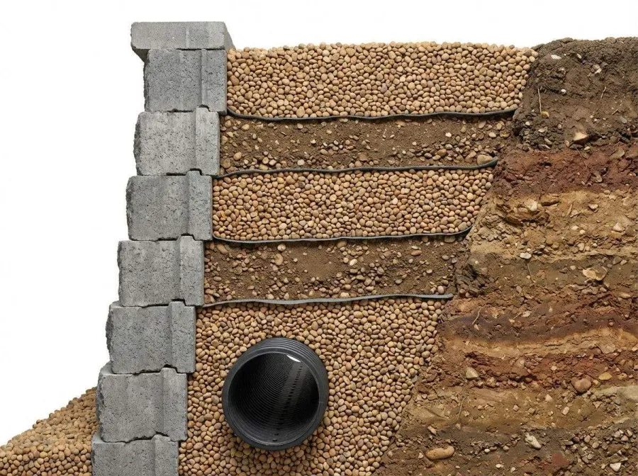 Cross-section diagram showing retaining wall pea gravel layers