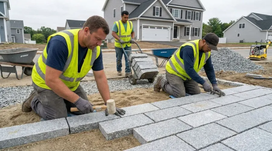 Workers installing granite driveway stones