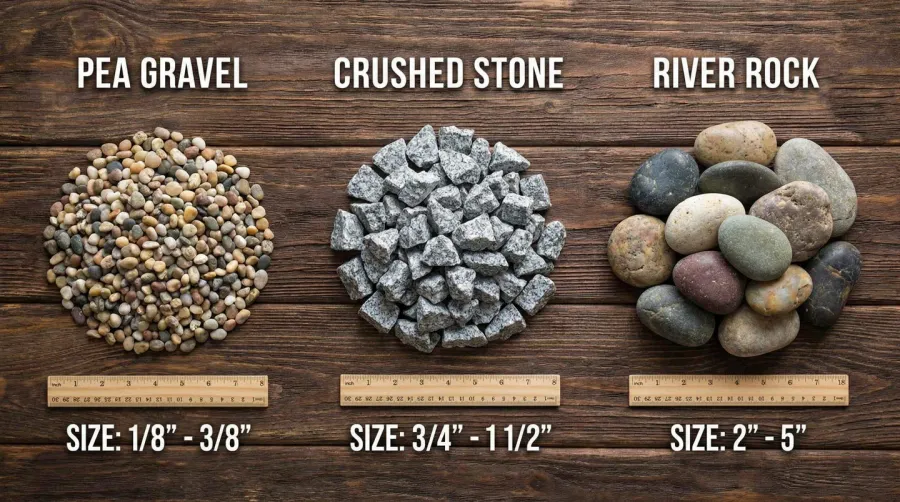 Comparison photo showing three different gravel types - pea gravel, crushed stone, and river rock - with size measurements