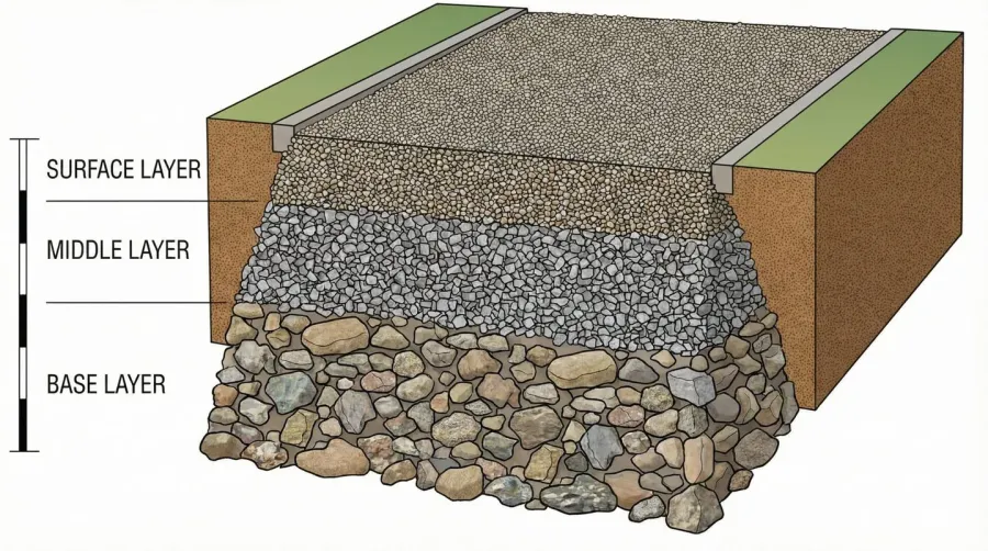 Driveway installation layers diagram showing base, middle and top gravel layers