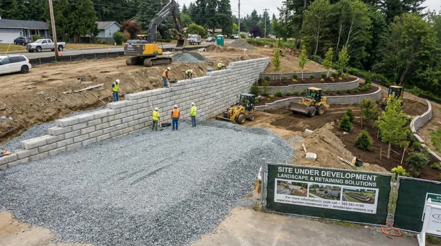 Retaining wall with gravel base at construction site