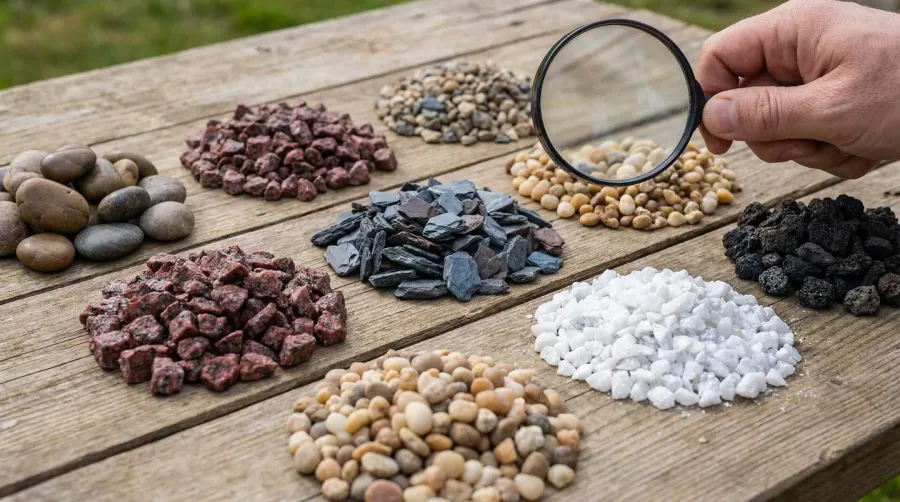 Comparison of different gravel textures and colors in small piles