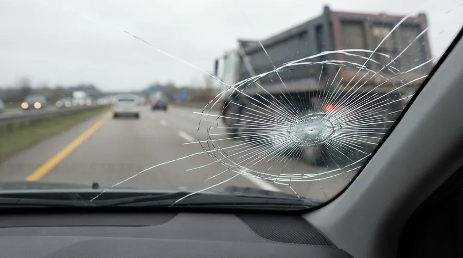 Cracked windshield from truck debris