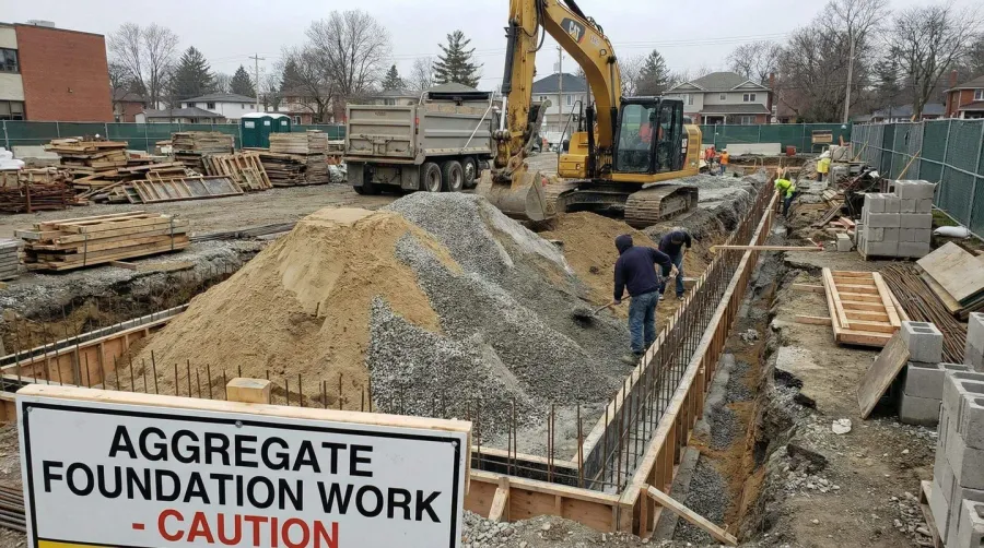 Construction site with sand and gravel mixture being used for foundation