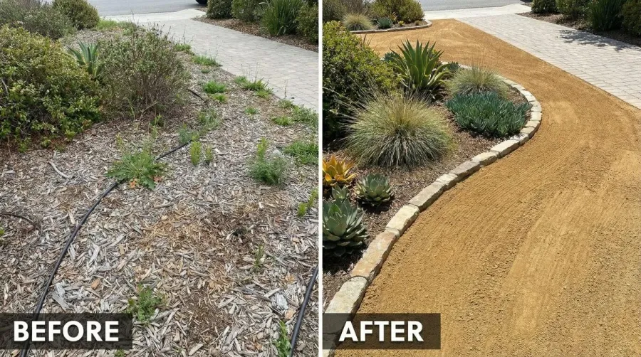 Before and after comparison showing traditional mulch bed versus decomposed granite installation