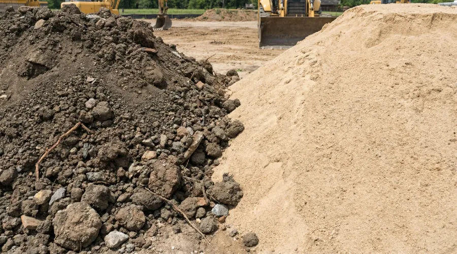 Comparison of fill dirt pile next to fill sand pile showing texture differences