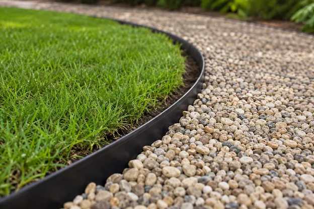 Dark edging strip curving between a mown lawn and a pea gravel path