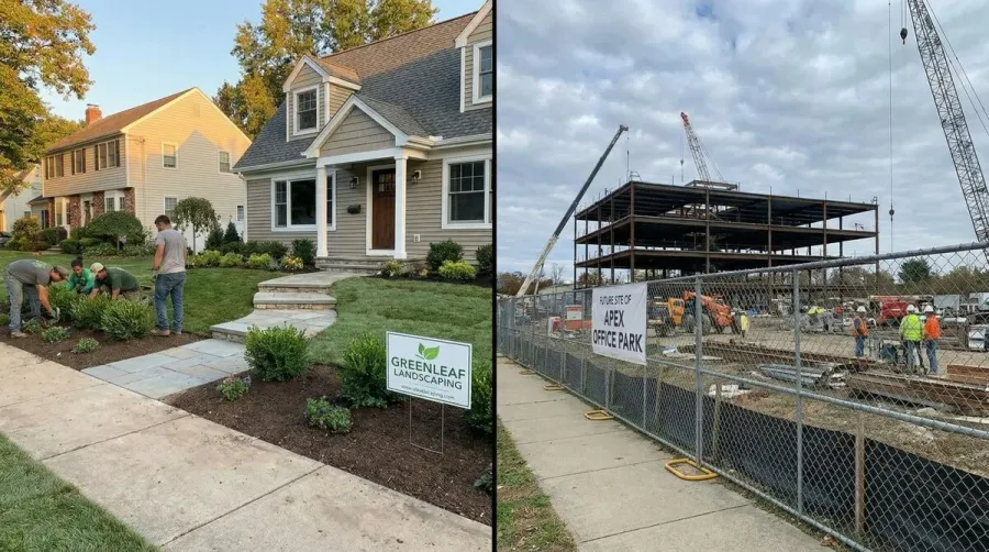 split image showing residential landscaping project vs commercial construction site