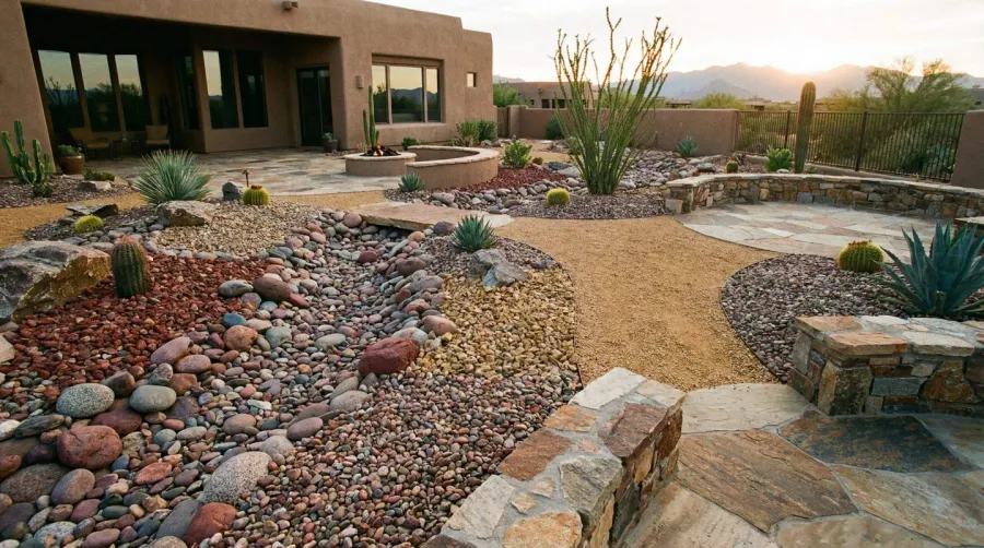 Arizona desert landscape with various rock and gravel materials showcasing different textures and colors in a residential yard setting