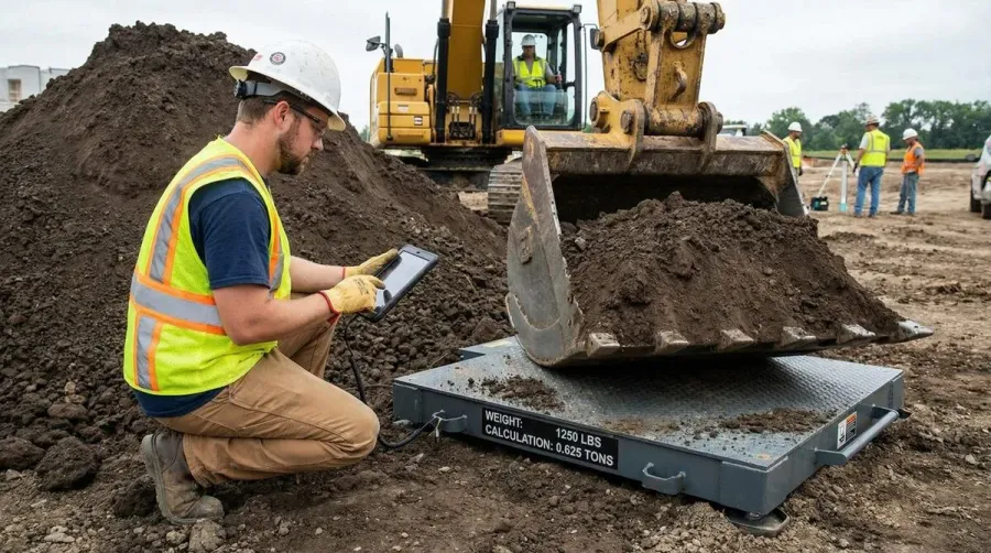 construction worker measuring fill dirt with scale showing weight calculations