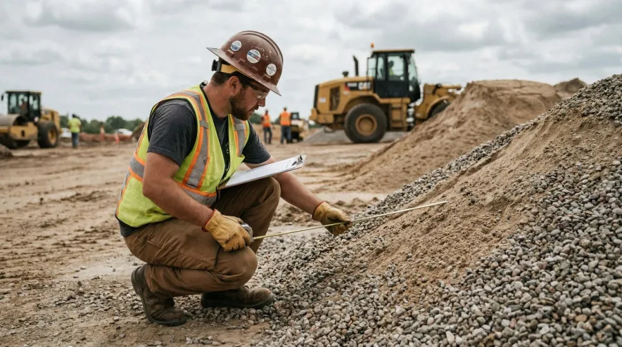 Construction worker measuring aggregate materials on site