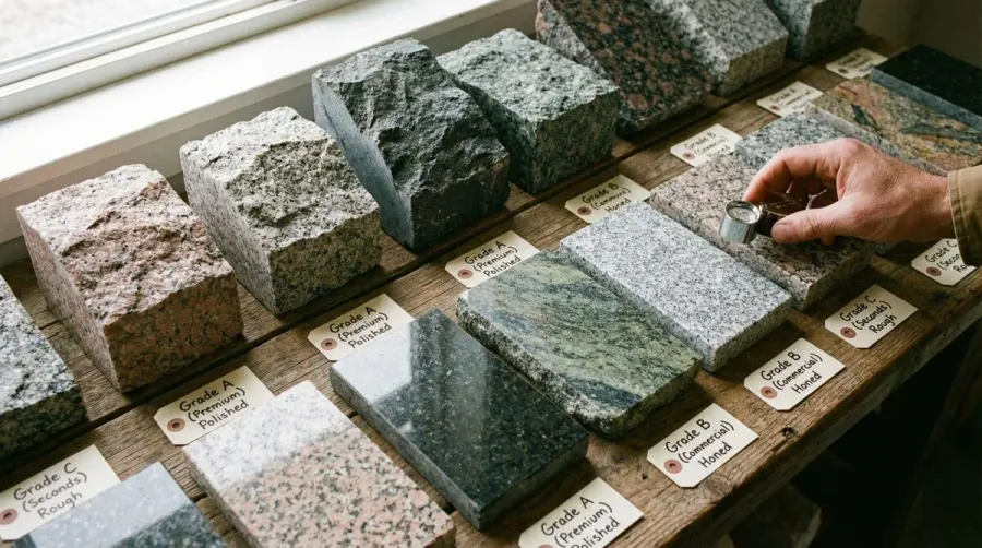 Granite samples showing different quality grades and finishes for comparison
