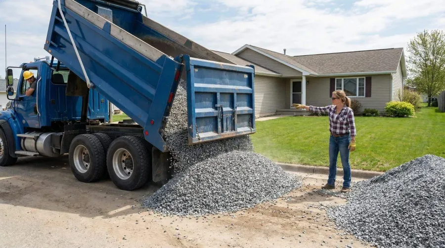 delivery truck dropping gravel at residential property with homeowner directing placement