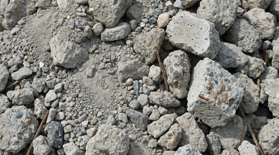 Crushed concrete material showing different sizes and textures