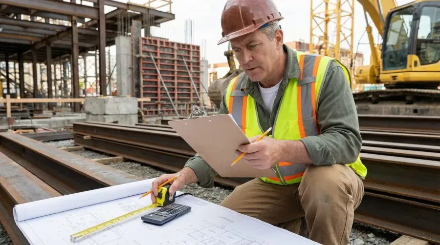 Construction worker calculating fill dirt requirements