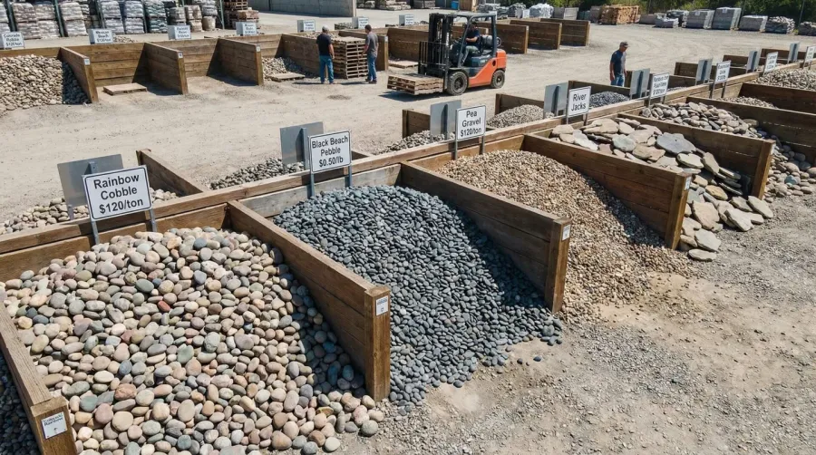 various types of river rock displayed at landscaping supplier yard