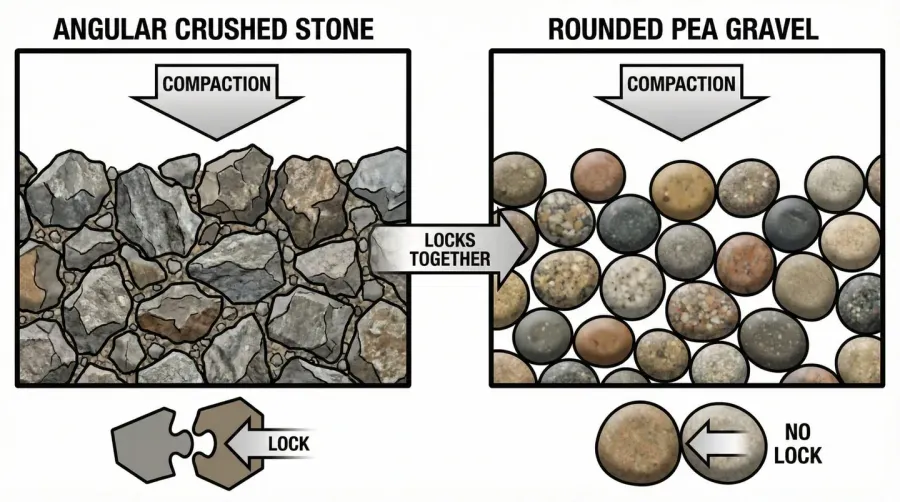 Comparison diagram showing angular crushed stone versus rounded stones and their compaction properties