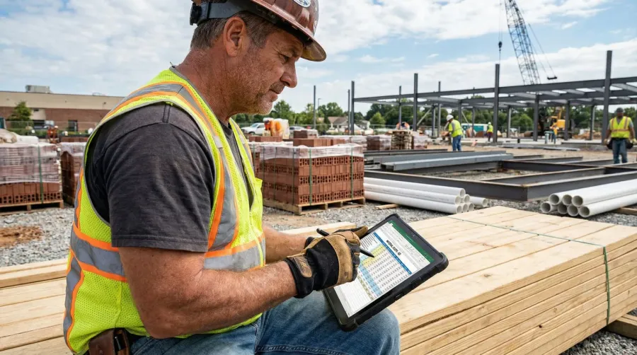 contractor reviewing pricing calculations on tablet with construction materials in background