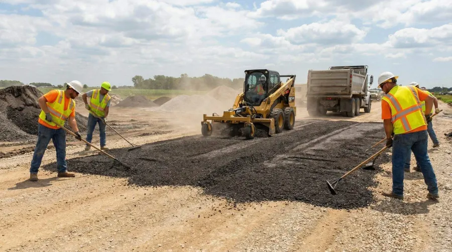 Asphalt millings being spread over gravel base at construction site